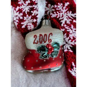 2006 Flocked Santa’s Snow Boot Holly Blown Glass Christmas Ornament Poland 2.5”